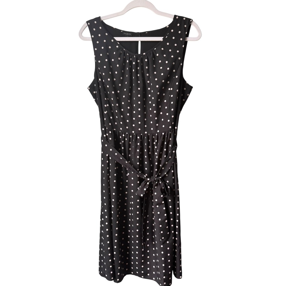 Talbots Sleeveless Dress Black White Polka Dot Sash Tie Belt Office Travel 12 - Picture 1 of 15